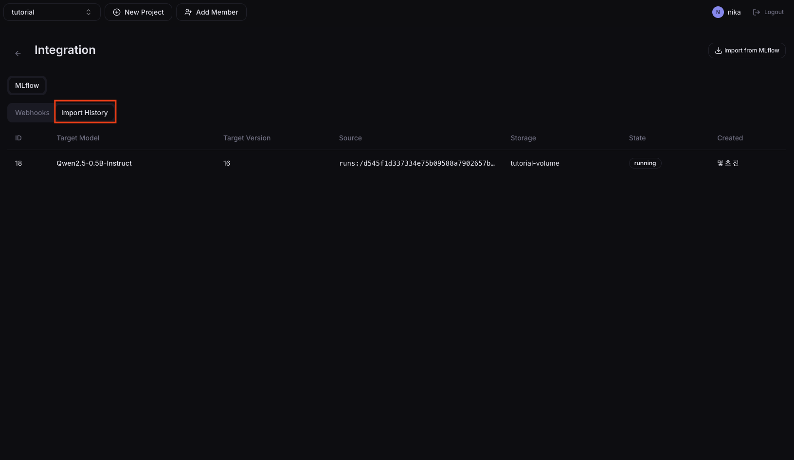 MLflow Import History