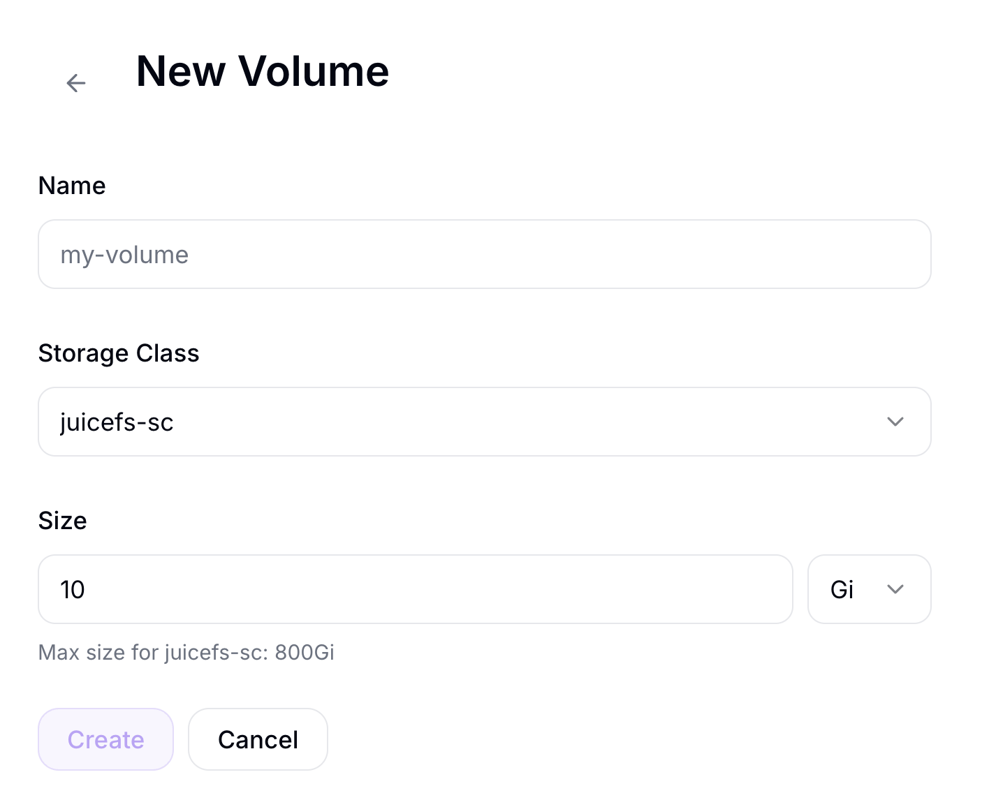 Volume 생성 폼
