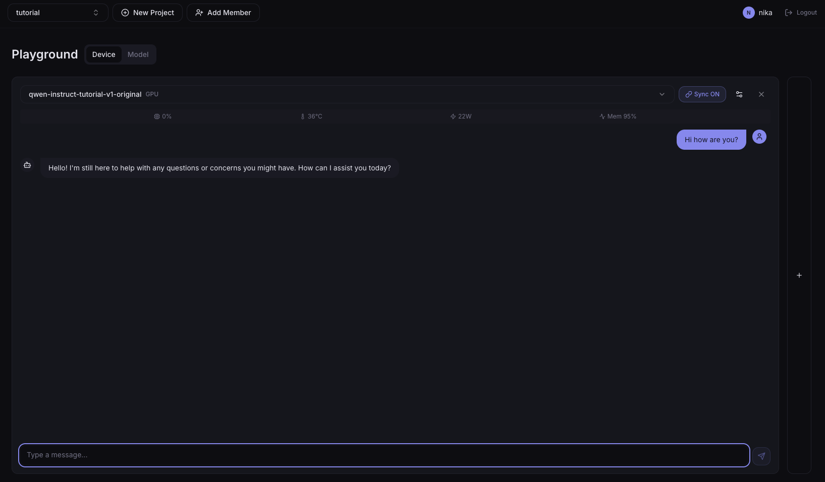 Playground Device tab — real-time hardware metrics with a GPU deployment selected