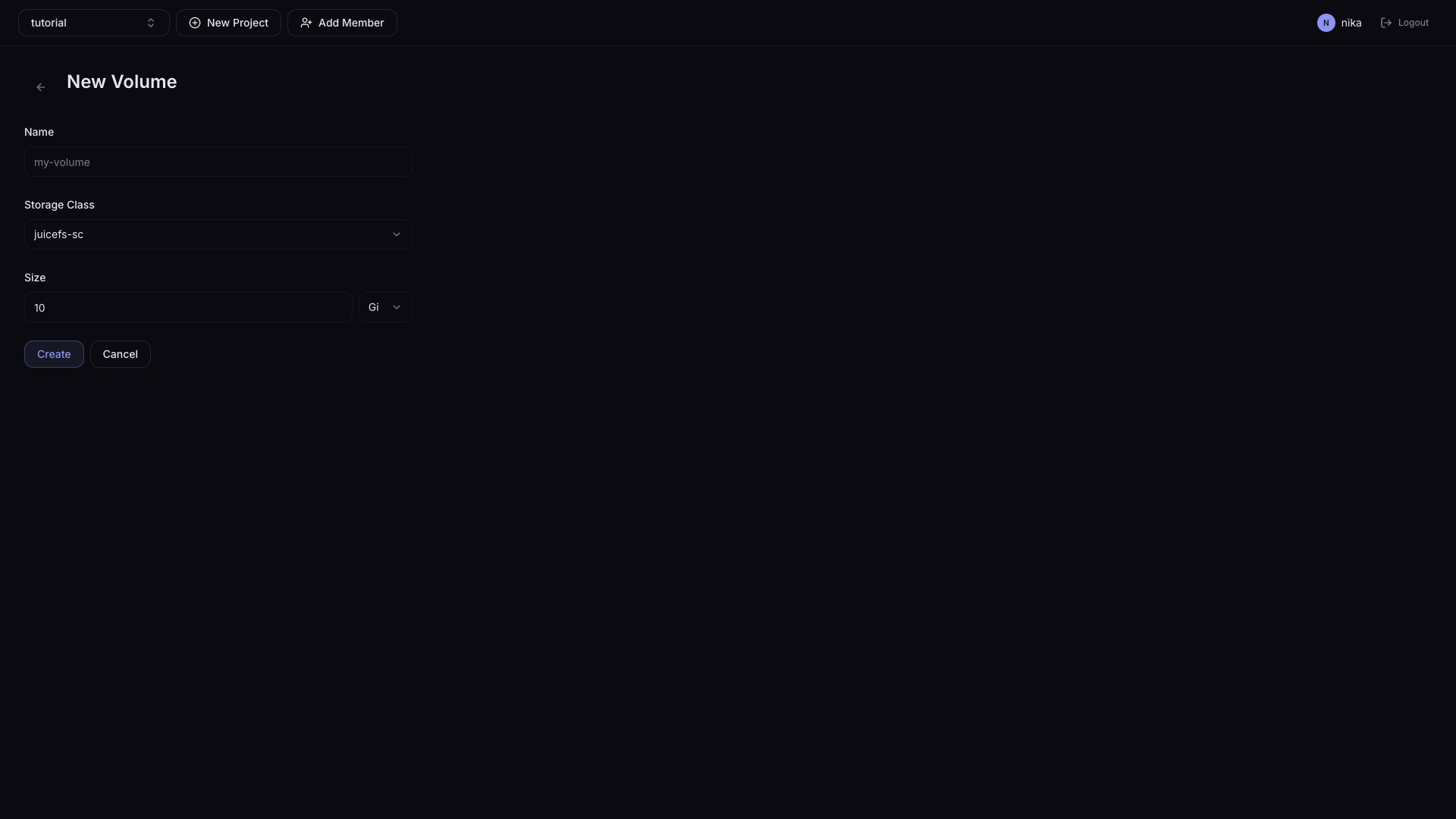 Volume creation form